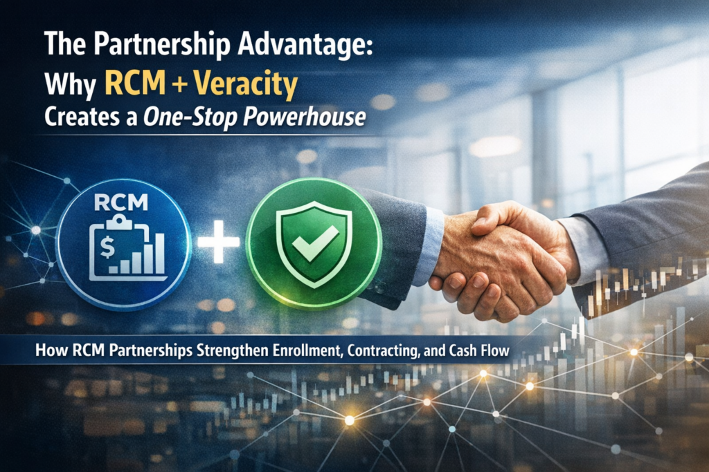 RCM and Veracity partnership visual showing handshake, financial charts, and icons for revenue cycle and enrollment.